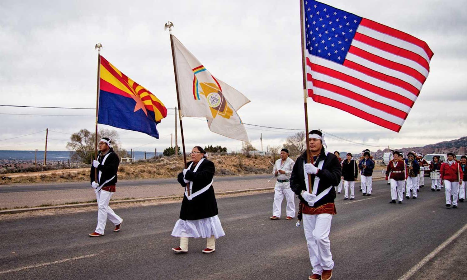 The Navajo Nation band march towards the Capital in Window Rock, AZ.