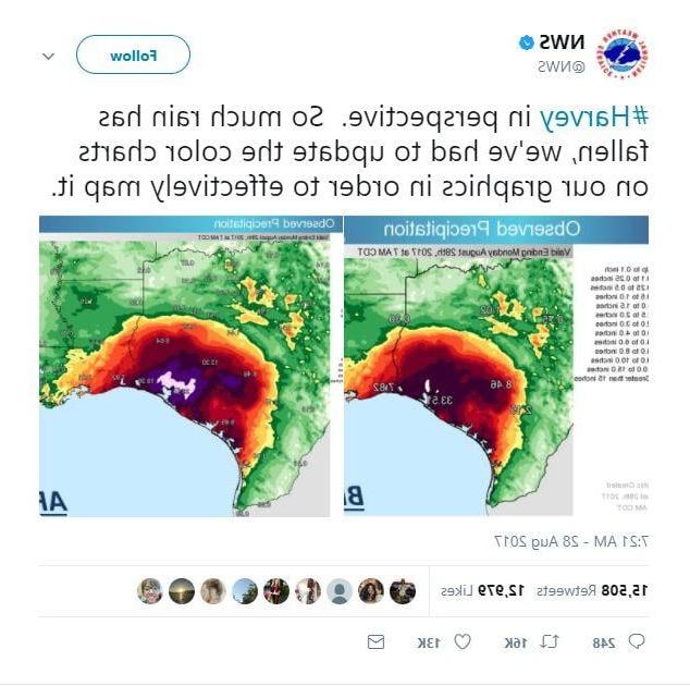 来自国家气象局的推特显示了飓风哈维的降雨地图